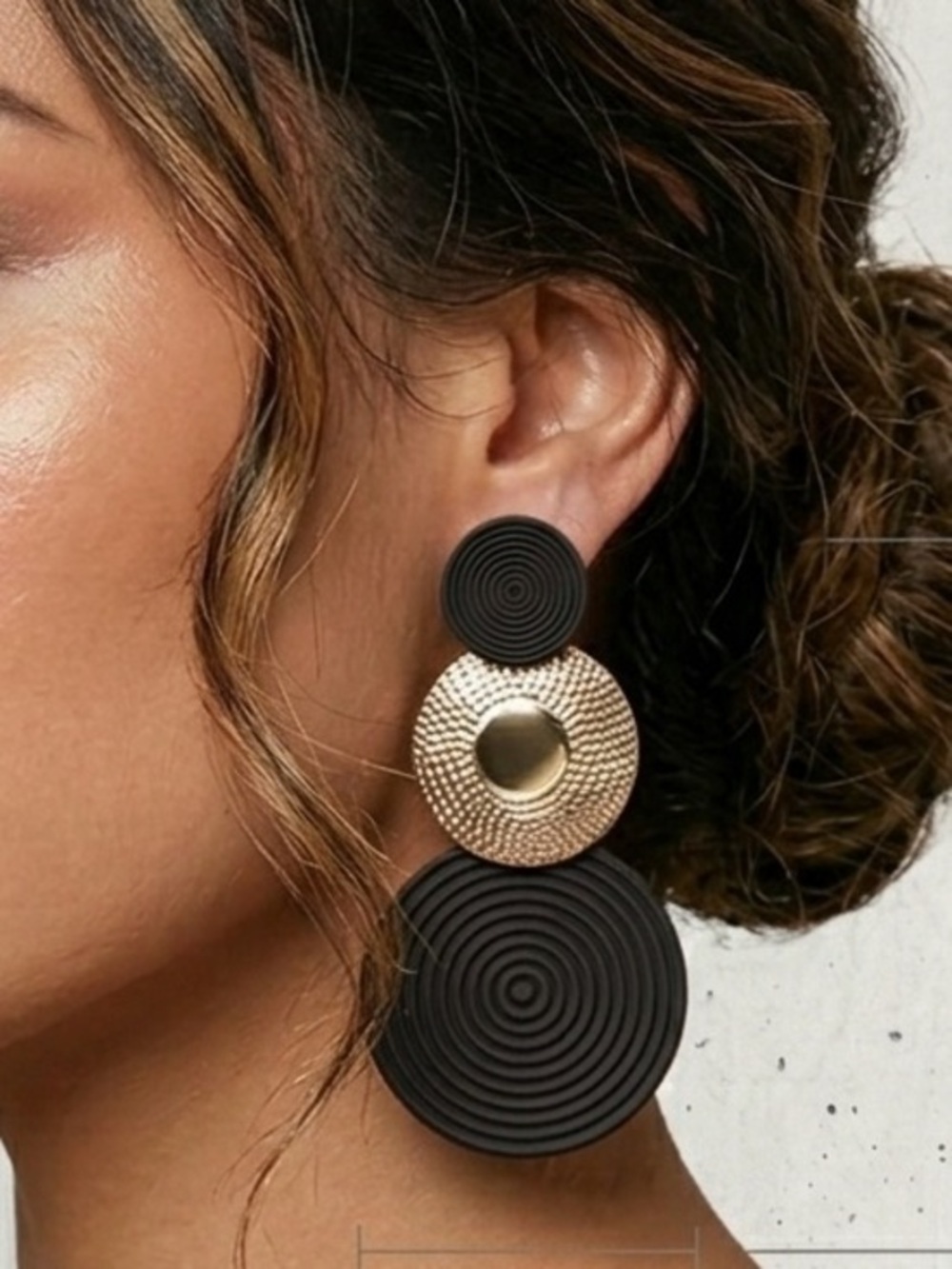 Gold and Black Double Disc Drop Earrings - Women Jewelry